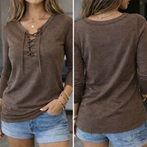 Lauren Jeans Co Ralph Lauren Brown Lace Up Neck Long Sleeve Top Petite Small PS